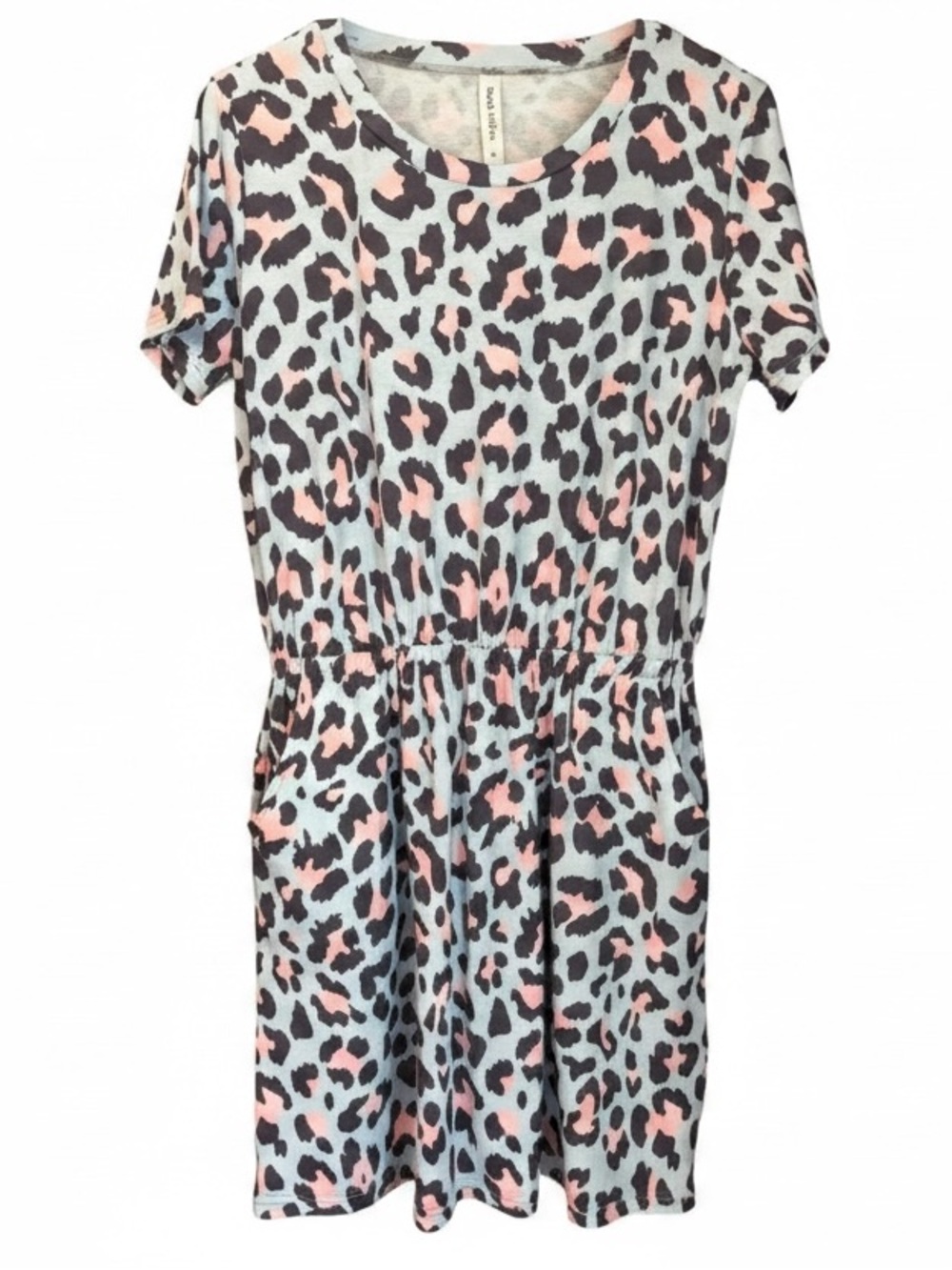 Tickled Teal Leopard Print SS Midi Dress Pink Gray Pockets Stretch Waist
